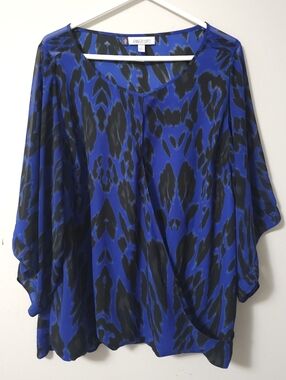 Jennifer Lopez Cobalt Blue & Black Animal Print Wrap Blouse 2XL